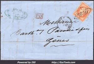 FRANCE N°23 SUR LETTRE POUR L'ITALIE AVEC GC 2656 NICE + CAD DU 18/04/1865 - Picture 1 of 2
