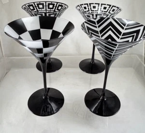 Set of 4 - Black & White Art Deco Mod 7" Martini Glasses by Artel Czechia - Picture 1 of 20