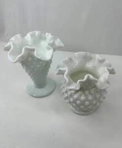 2 Qty Fenton Milk Glass Hobnail 5-1/2" Trumpet Vase w/ Double Crimped Rim - Picture 1 of 6