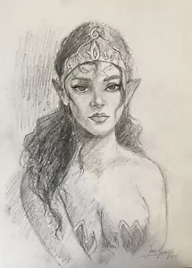 ORIGINAL HANDMADE GRAPHITE DRAWING MARIO MENDOZA STUDY WOMAN FAIRY TALE FANCY - Picture 1 of 9