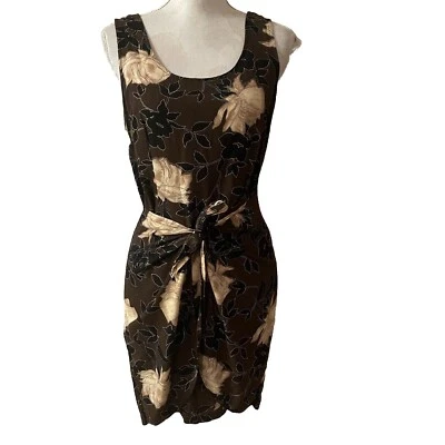 Vestido vaina Cassini vintage para mujer sin mangas floral marrón con corbata frontal talla M Foto 1 de 4