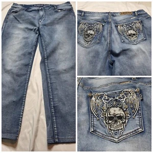 Platinum Plush Skull Rhinestone Boot Cut Jeans Size 23x28 Plus Petite  - Picture 1 of 14