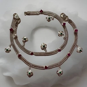 PAR DE PLATA ESTERLINA payal rosa verde cristales de moda tobillera bollywood india 925 - Imagen 1 de 12