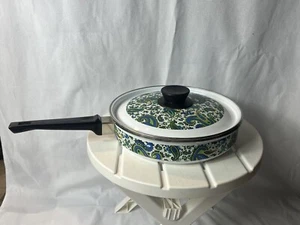 10' Vintage Danish modern blue paisley Fancipans retro enamelware fry pan & lid - Picture 1 of 12