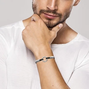 Bracciale Da Uomo In Pelle Intrecciata E Acciaio Argentato - Anello Martellato - Foto 1 di 2