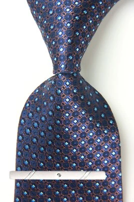 Nova gravata masculina xadrez clássica xadrez azul marrom tecido jacquard 100% seda - Imagem 1 de 4