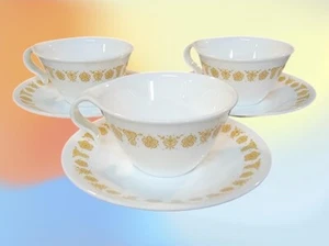 Vintage Corelle Corning Ware Butterfly Gold Coffee Cups and Saucers Hook Handle - Picture 1 of 2