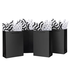 10 Pack Black Gift Bags with Tissue Paper 8x4x11" Medium Holidays 20x10x28cm - Picture 1 of 7