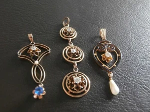 Lot of 3 Antique Victorian 14k Enamel Gold Diamond Necklace Pendants - Picture 1 of 9