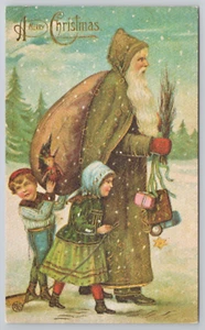 Green-Robe Santa and Children Carrying Sack of Toys Snow REPRODUCTION Postcard - Picture 1 of 6