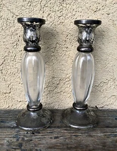 2 VINTAGE ITALY HAND BLOWN GLASS CANDLE HOLDERS CANDLESTICKS SILVER OVERLAY - Picture 1 of 13
