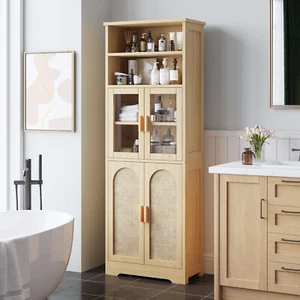 6 Layers with Rattan Surface Display Cabinet Original Wood Color 60*30*170cm US - Picture 1 of 7