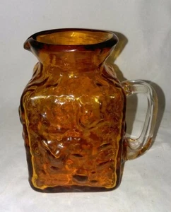 Amber Glass Square Pitcher Hand Blown Vintage Applied Clear Handle 4 Inch Tall - Picture 1 of 5