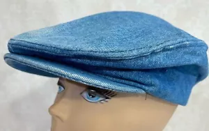 Vintage Blue Jean Denim XL 7 1/2 - 7 5/8 Made USA Driving Flatcap Snap Cap Hat - Picture 1 of 6