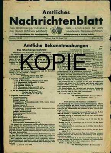 Amtsblatt Stadt Köthen u. Landkreis Dessau-Köthen vom 22. Juni 1945 - Bild 1 von 2