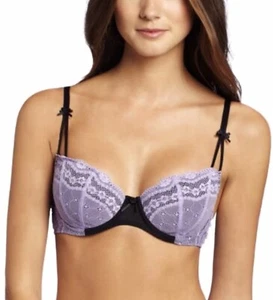 Betsey Johnson Lace Eyelet Black & Lavender Purple Bra 32C Used half demi cup - Picture 1 of 3