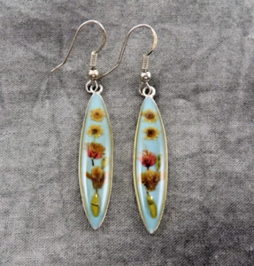 Pendientes Vintage Plata de Ley Estampado Reverso Flor Azul Bajo Vidrio 544b - Imagen 1 de 12