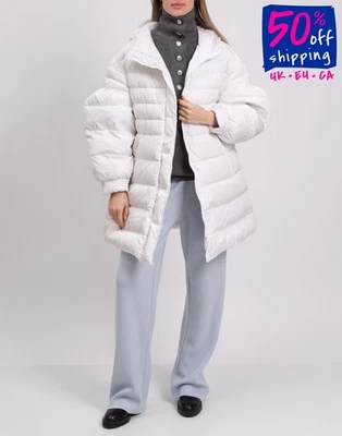 RRP €420 TWINSET Down Quilted Jacket IT50 US14 UK18 XXL White Belted Hooded — 第 1/4 张图片