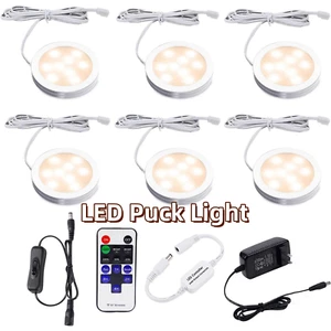 Dimmable LED Cabinet Lights Kit 6 Pucks Wireless Remote 12V Adapter Warm White - Picture 1 of 7