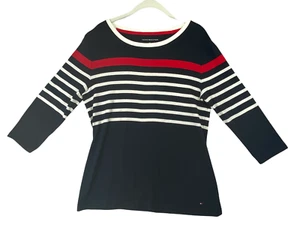 Tommy Hilfiger Women Size L Top Red White And Blue Striped Stretch Knit - Picture 1 of 11