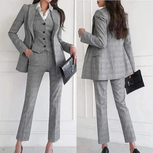 Women's Suit Grey Check Business Formal Peak Lapel Single Breasted Regular Fit - Picture 1 of 12