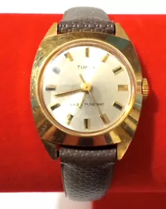 Vintage Timex mechanische goldfarbene Damenuhr Handaufzug Kautschuk 2 tlg. Band - Bild 1 von 7