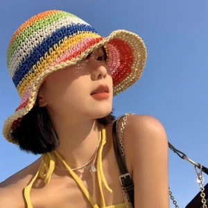 Rainbow Straw Fisherman Hat Summer Visor Crochet Big Brim Bucket Hats Sun Hats✨ - Picture 1 of 16