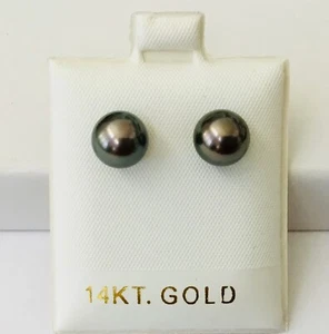 Classic Solid 14K Gold 8.3 - 8.7 mm Genuine Tahitian Pearl Stud Earrings NEW - Picture 1 of 7