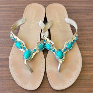 Ivanka Trump Leather Thong Sandals With Blue Turquoise Stones Size 9