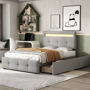 LED Polsterbett Kinderbett Jugendbett 90x200cm Bettgestell mit 2 Schubladen Grau - Bild 1 von 10