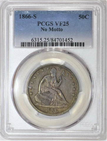 1866-S No Motto Seated Liberty Half Dollar PCGS VF-25 Cover