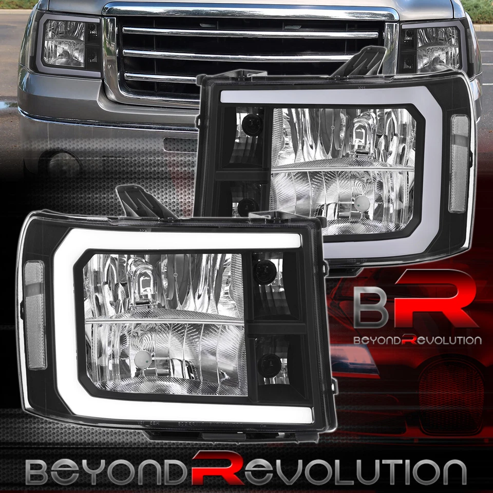 For 2007-2014 GMC Sierra Black LED DRL Tube Headlight Assembly Signal Lamps Pair — 第 1/4 张图片