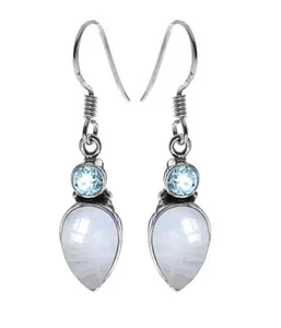 Rainbow moonstone blue topaz drop earrings solid Sterling Silver pear round - Picture 1 of 2