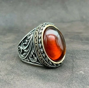 Anillo para hombre de plata de ley 925 con forma ovalada de piedra ámbar rojo natural. Talla 10 - Imagen 1 de 8