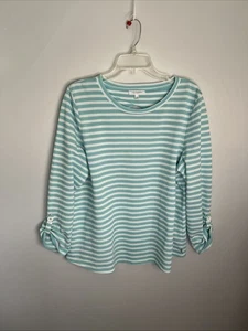 T by Talbots Women's XL Long Roll Tab Sleeve Striped Pop Over top - EC - Picture 1 of 11