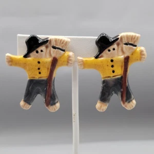 Vintage Ceramic Scarecrow Clip On Earrings Yellow Black Hat Country Fall Jewelry - Picture 1 of 11