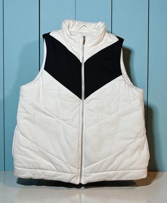 Charter Club Women’s Large Puffer Vest Ivory Black Chevron Quilted Zip Front Foto 1 de 4