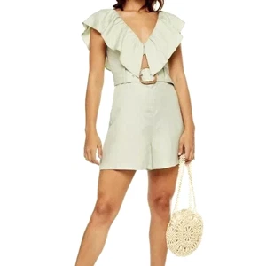 Topshop Women's Linen Blend Riviera Frill Romper in Mint Green Size 10 MSRP $69 - Picture 1 of 5