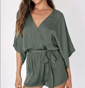 LULUS Ain't It Grand Olive Green Satin Romper Size Medium Summer Beach Bohemian - Picture 1 of 13
