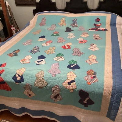 Sun Bonnet Sue 被子 102 x 80 King 尺寸蓝色多手贴花 — 第 1/4 张图片