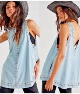 Free People Kendra Nieten Denim ärmellose Tunika Gr. M - Bild 1 von 10