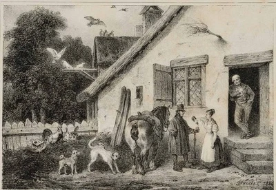 FRANCIS (19.Jhd), Pferdehändler vor dem Bauernhaus,  1884, Lithographie - Bild 1 von 4
