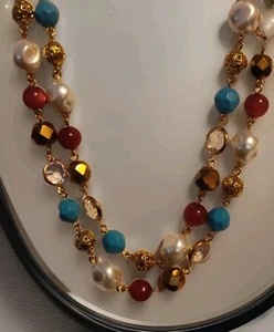 Signed Joan Rivers Faux Pearl Turquoise Crystal Gold Balls Necklace 48”-51” Long - Picture 1 of 4