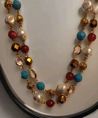 "Collar firmado Joan Rivers imitación perla cristal turquesa bolas de oro 48""-51"" de largo" Foto 1 de 4