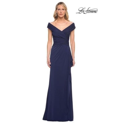 La Femme Evening Navy Stunning Ruched Gown Ruched EVENING 30040 NWOT 8 - Image 1 of 4