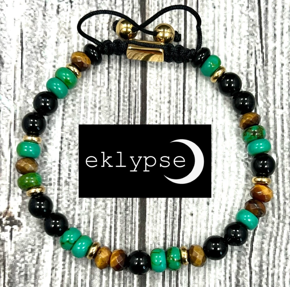 Hip Macrame Adjustable 6mm Tigers Eye+Turquoise Gemstone Bead Gold Men Bracelet - Image 1 of 4