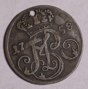 1758 Danzig 3 Grosze coin POLAND Pierced KM-104 RARE #15735 - Picture 1 of 5