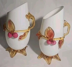 (2) Antique Stevens and Williams Glass VASE Applied Cherries & Leaves SET OF 2 - Picture 1 of 24
