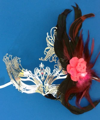 Masquerade Eye Mask Venetian Mardi Gras Feather Flower Halloween Silver Pink - Image 1 of 4