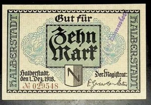 1918 Germany HALBERSTADT 10 Mark Banknote / Notgeld UNCIRCULATED - Picture 1 of 2